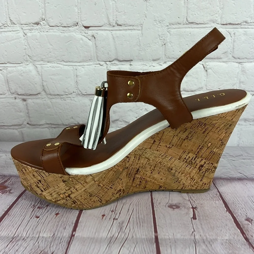 G.I.L.I. Kate Cognac Brown Leather Tassel Wedge Cork Platform Sandal Size 10